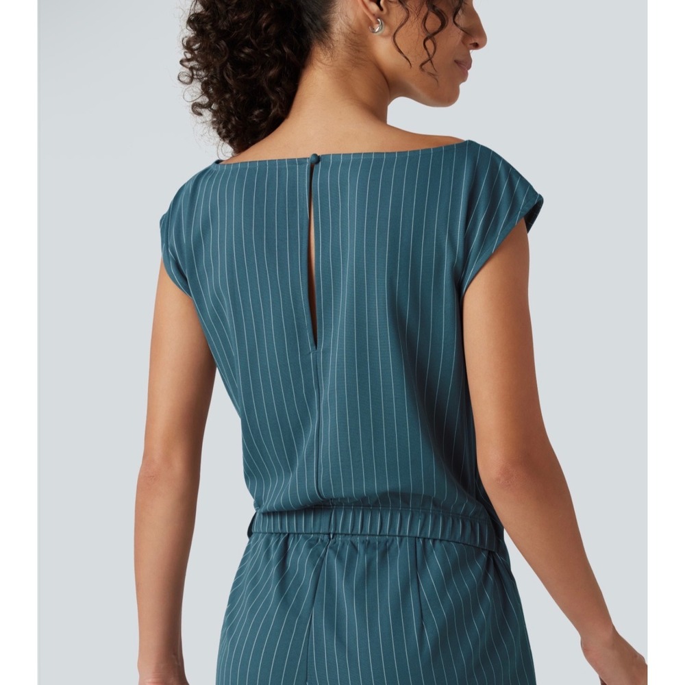 Halara Teal Pinstripe Boat Neck Sleeveless Tie Side Wide Leg Work Jumpsuit M - Picture 5 of 12